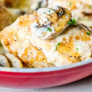 chicken thighs with mushrooms and a creamy garlic sauce in pan picture