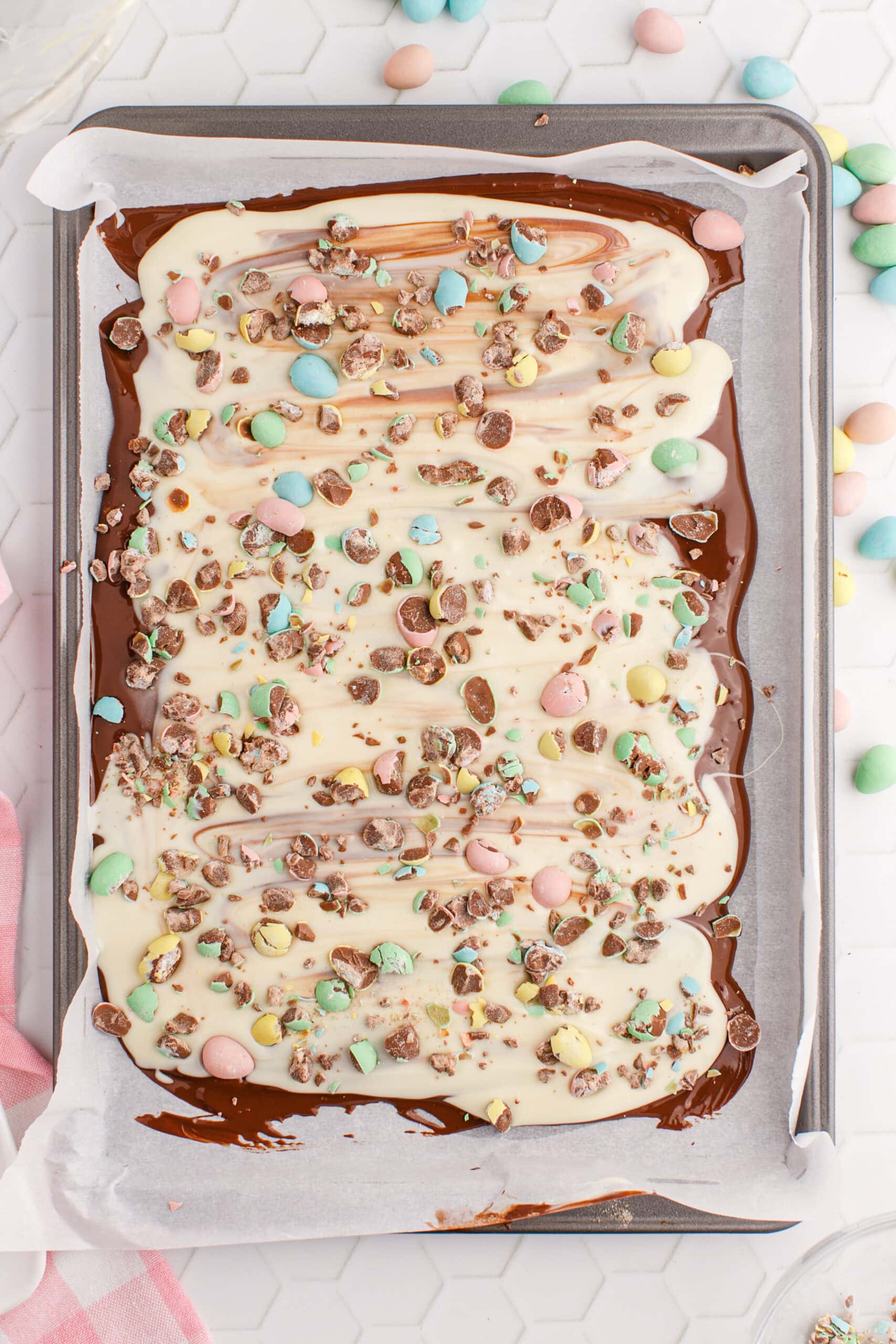 chocolate layered with m&ms on it