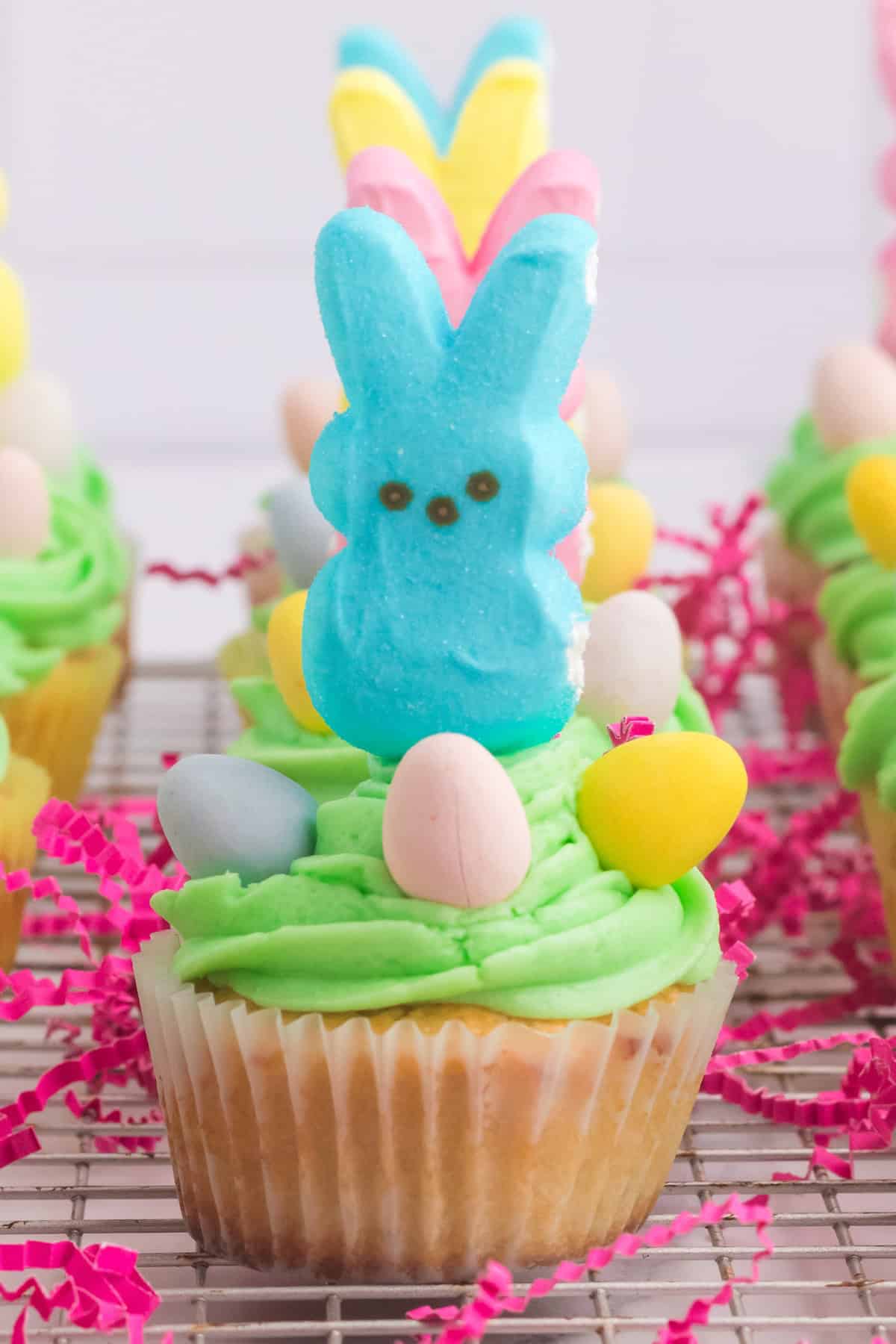 A delightful cupcake adorned with green icing features a blue bunny-shaped Peeps marshmallow and small candy eggs. Pink shredded paper elegantly decorates the wire rack, creating a whimsical display perfect for any springtime celebration.