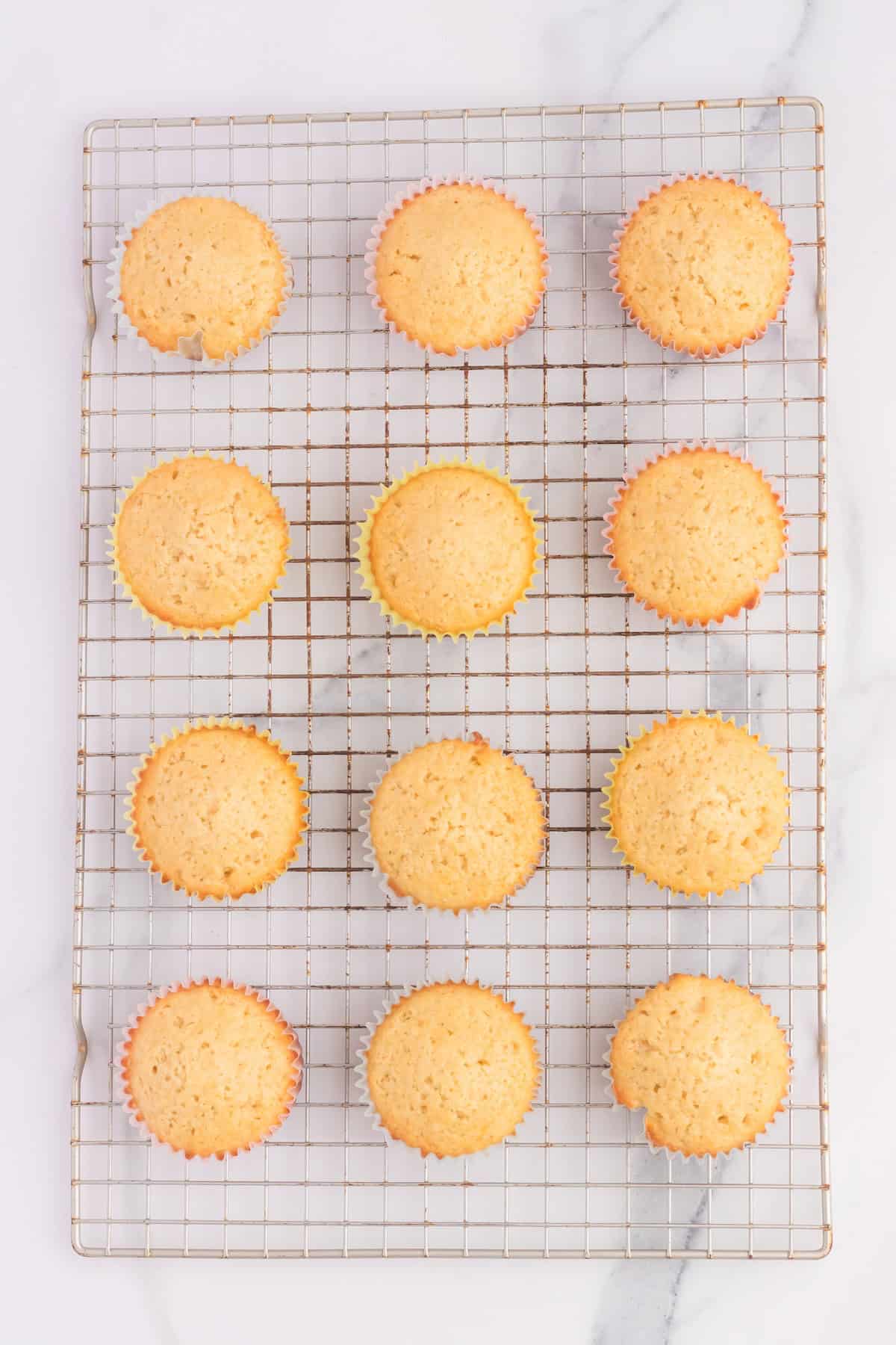 Twelve freshly baked cupcakes cooling on a wire rack, arranged in a 3x4 grid on a marble surface, inviting you to indulge in their delightful aroma.
