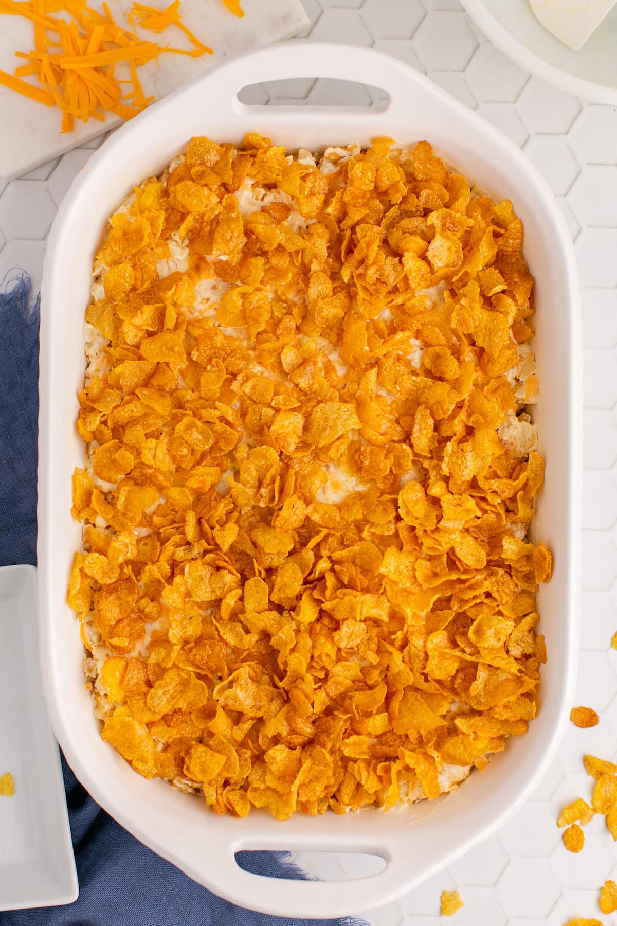 unbaked funeral potato casserole in a dish