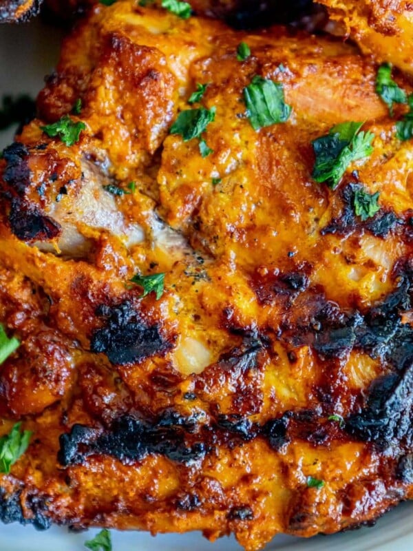 picture of grilled tandoori chicken on a plate with sliced green onions