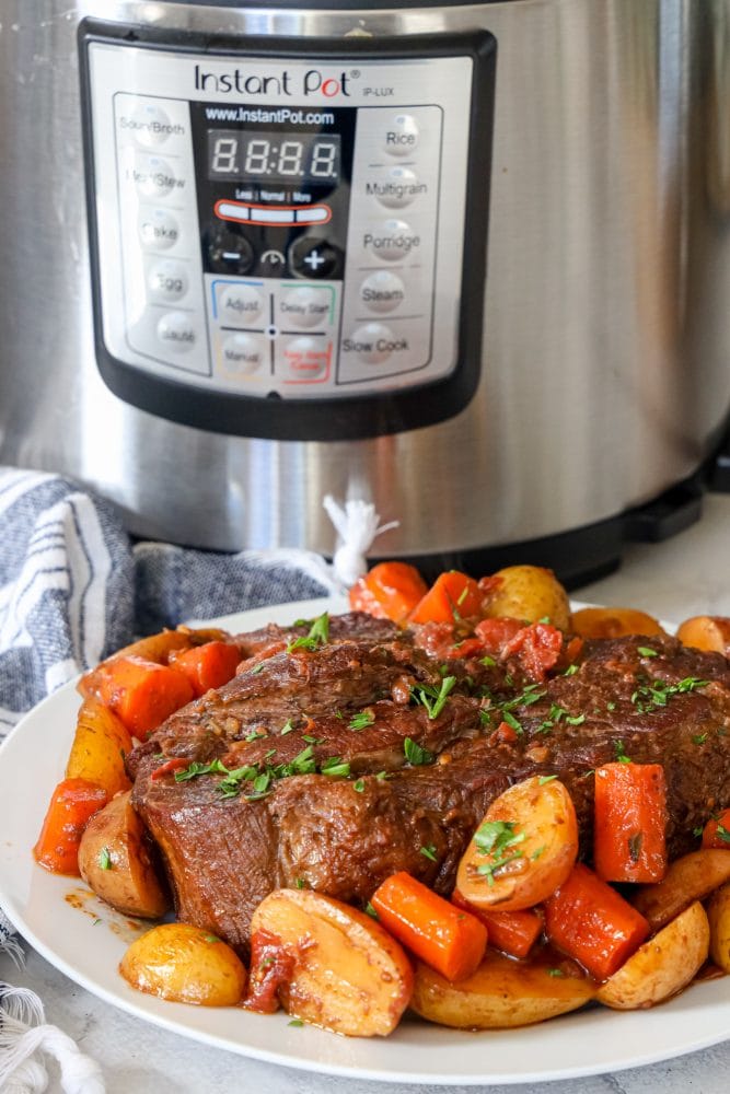 A plate of pot roast and potatoes cooked in an Instant Pot.