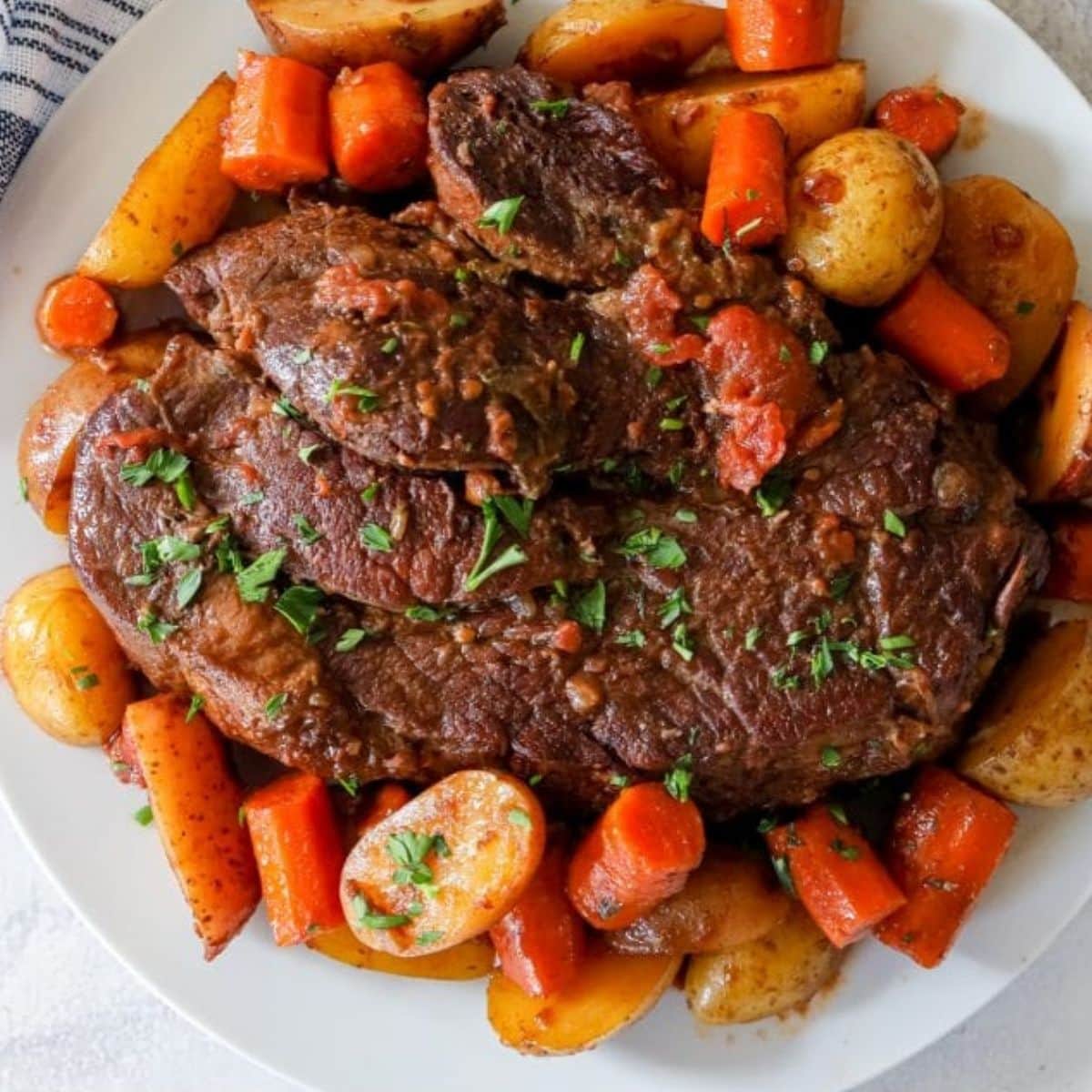 picture of pot roast and vegetables on a plate in front of an instant pot