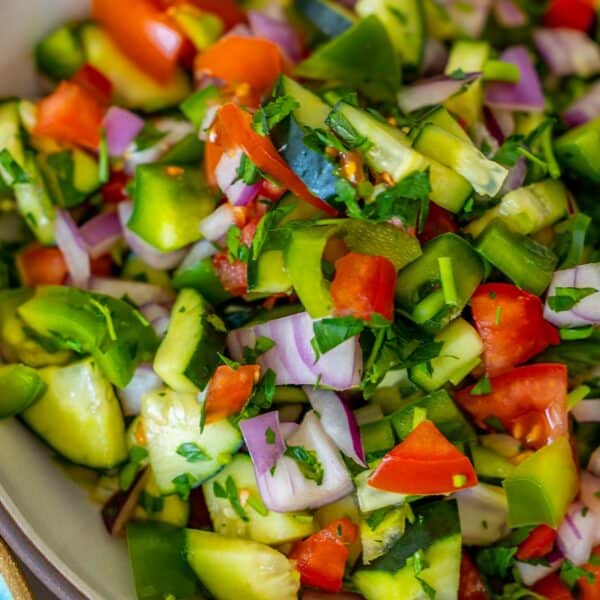 A close-up of a vibrant Jerusalem salad brimming with cucumbers, red onion, tomatoes, bell peppers, and cilantro.