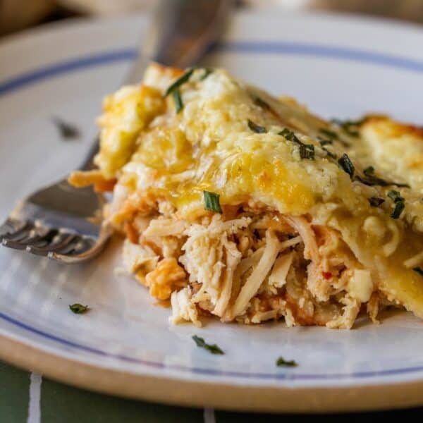 Close-up of a serving of cheesy enchilada pie on a white plate with a fork, garnished with chopped herbsโperfect inspiration for leftover turkey recipes.