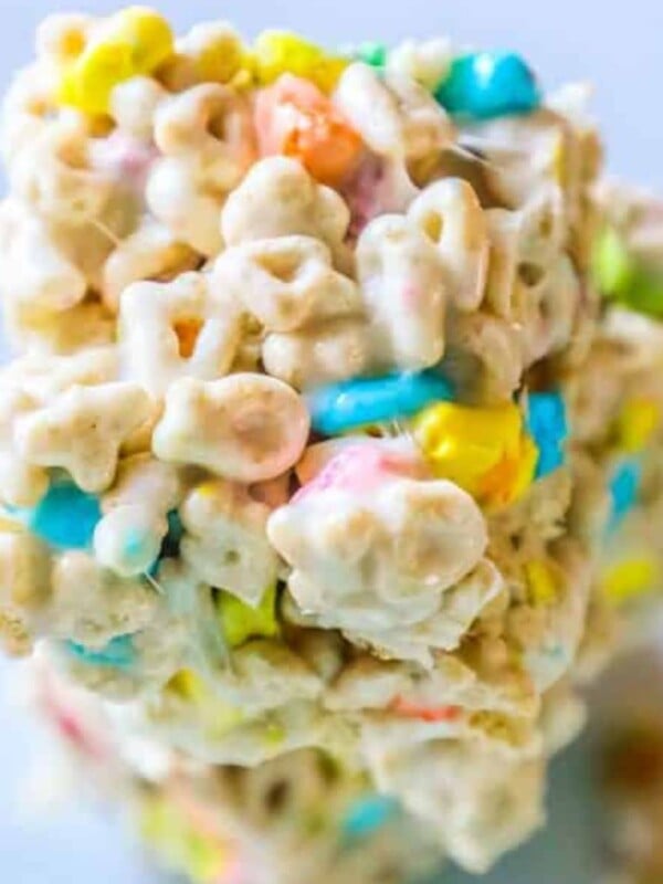 stacked lucky charms cereal bars on a table