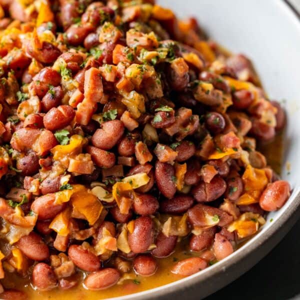 A close-up of a bowl filled with stewed kidney beans, diced carrots, onions, and herbs in a savory sauce—an old-fashioned ham and bean recipe perfect for cozy evenings.