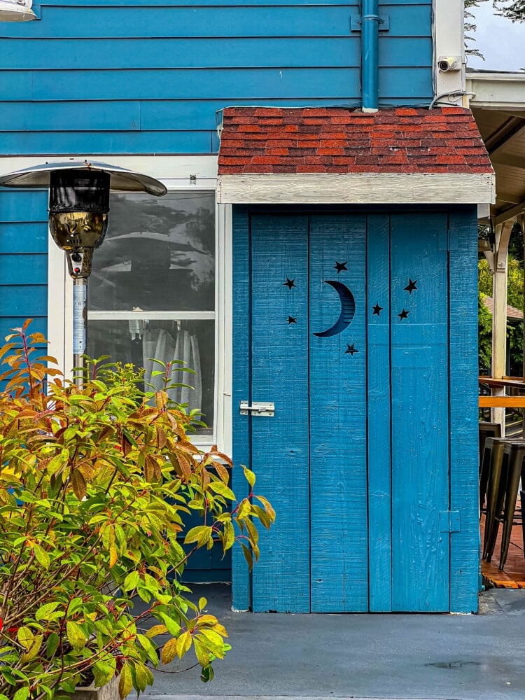 picture of blue outhouse