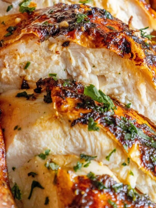 picture of sliced roast chicken on a platter