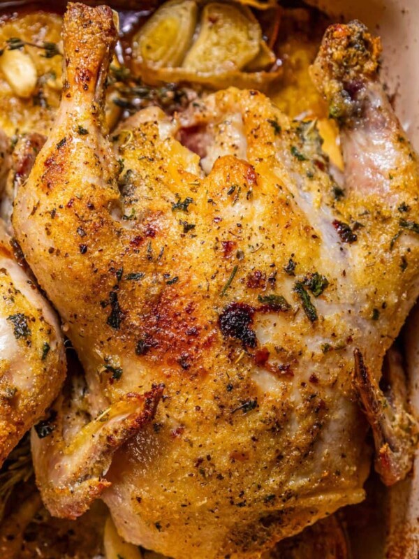 roasted cornish game hens over slices of lemons, shallots, and roasted garlic cloves in a baking dish