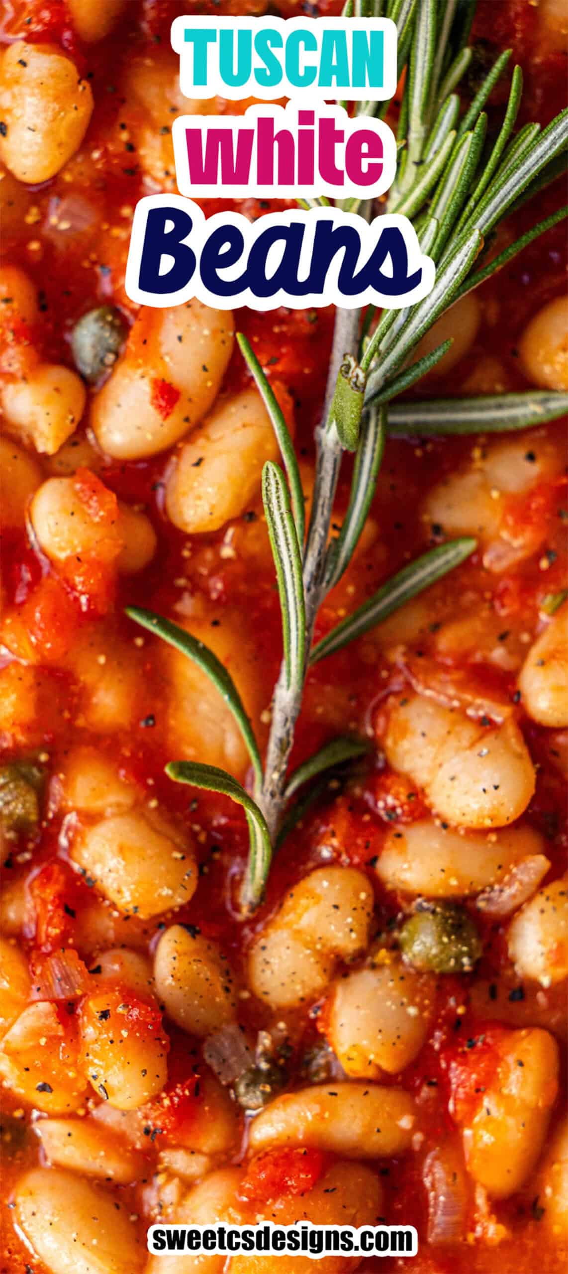 Close-up of Tuscan Roasted White Beans in tomato sauce with herbs and spices, garnished with a sprig of rosemary.