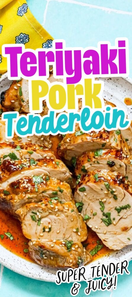 sliced pork tenderloin in teriyaki sauce with sesame seeds on top