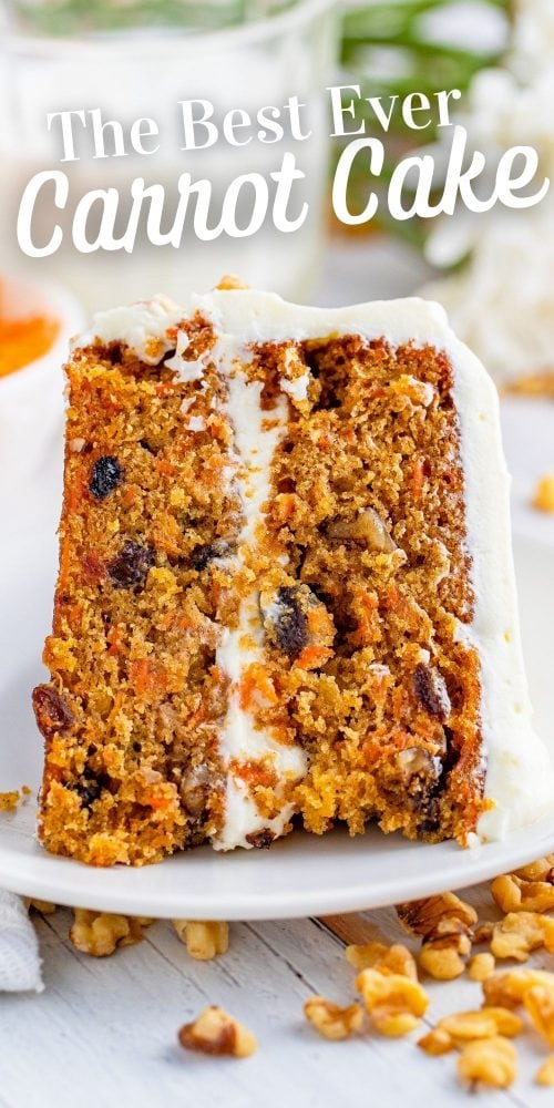 picture of layered carrot cake on a white plate