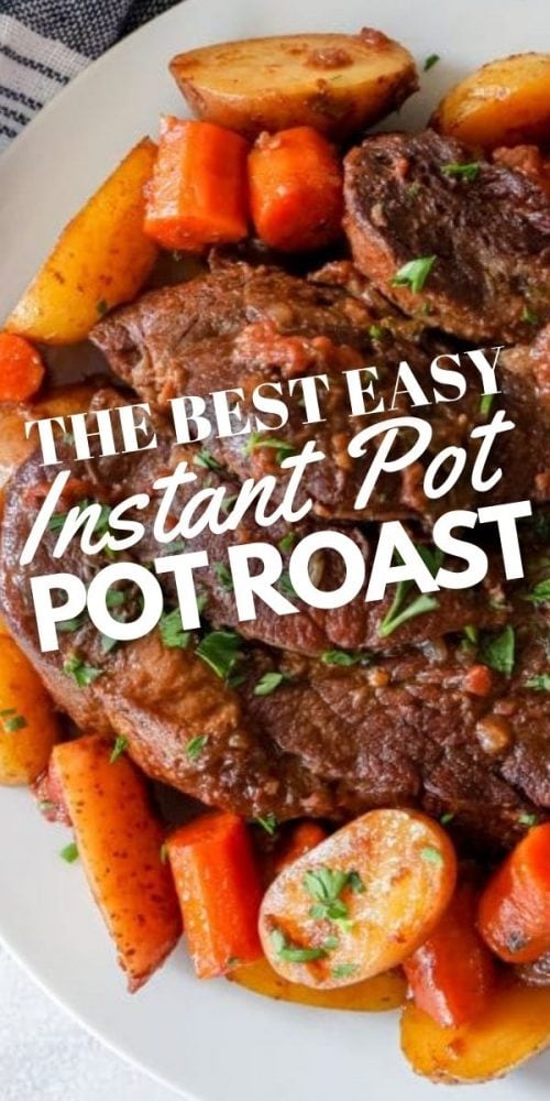 picture of pot roast and vegetables on a plate in front of an instant pot