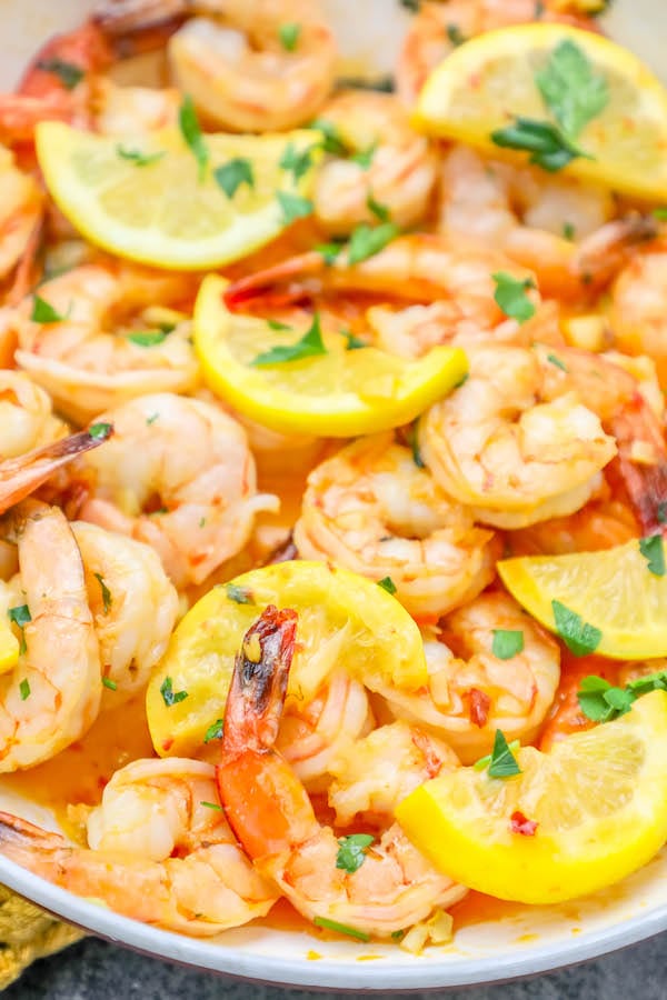 Lemon garlic butter shrimp skillet.