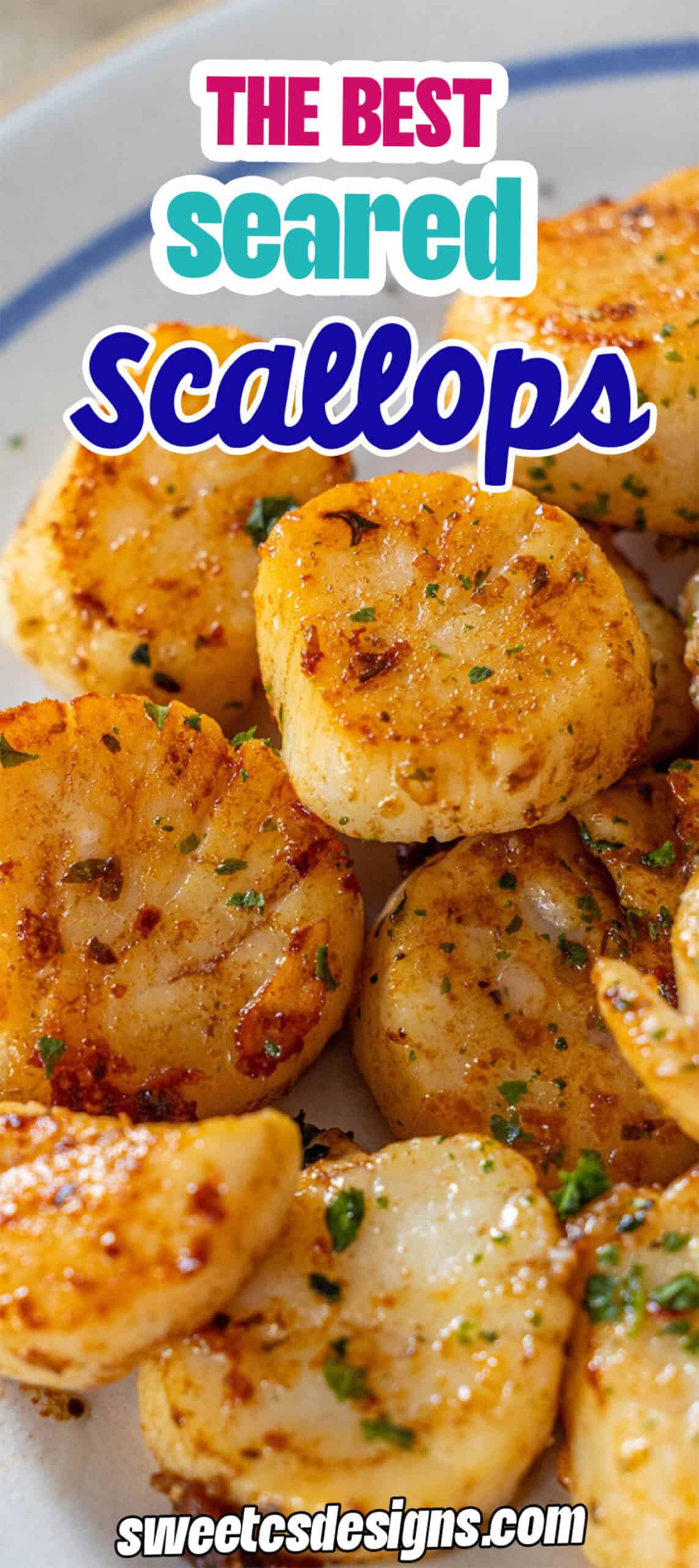 A plate of golden-brown Perfect Pan Seared Scallops garnished with herbs, beautifully presented on a white dish.