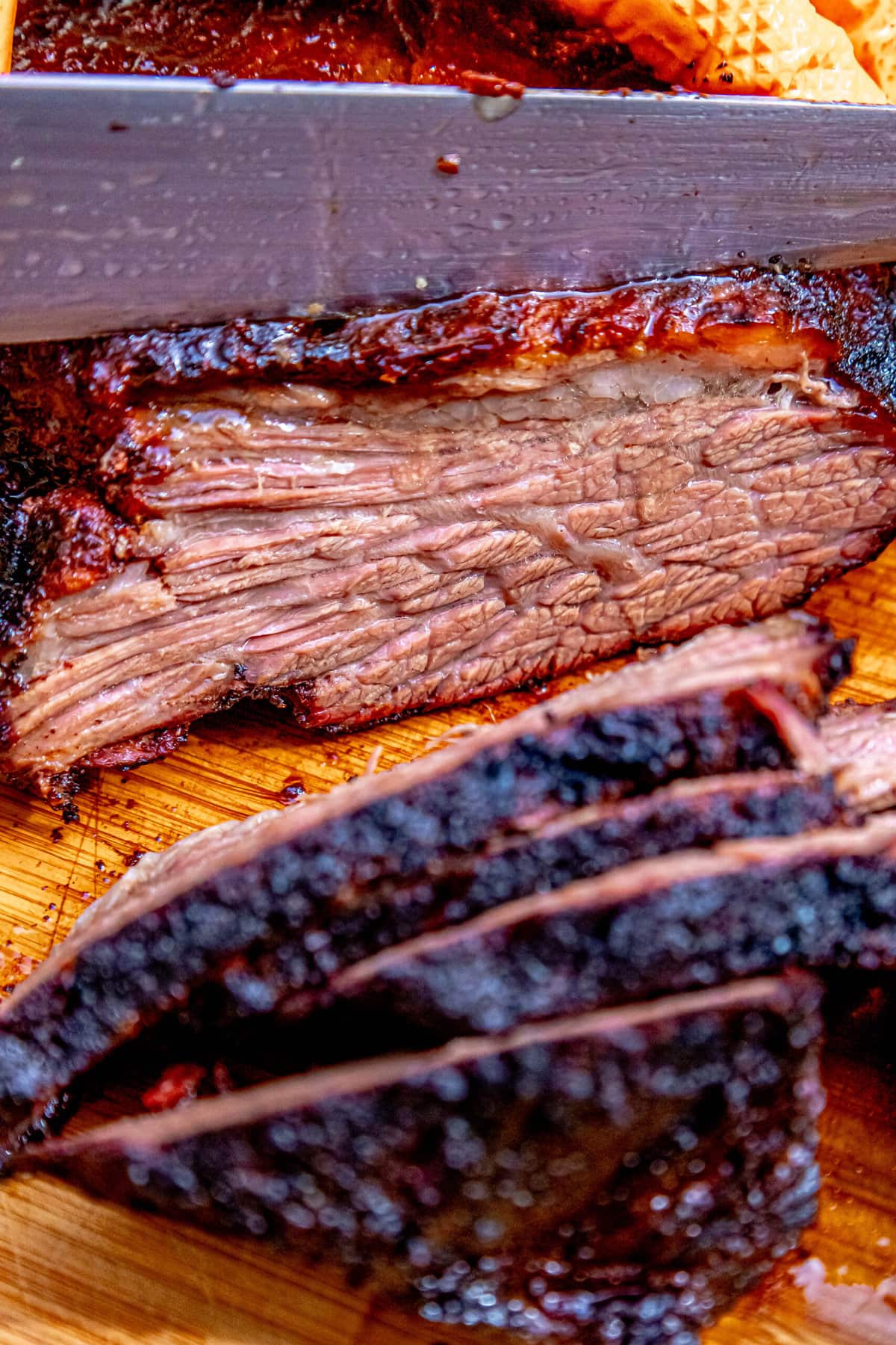 Easy Brisket Recipe with a knife.