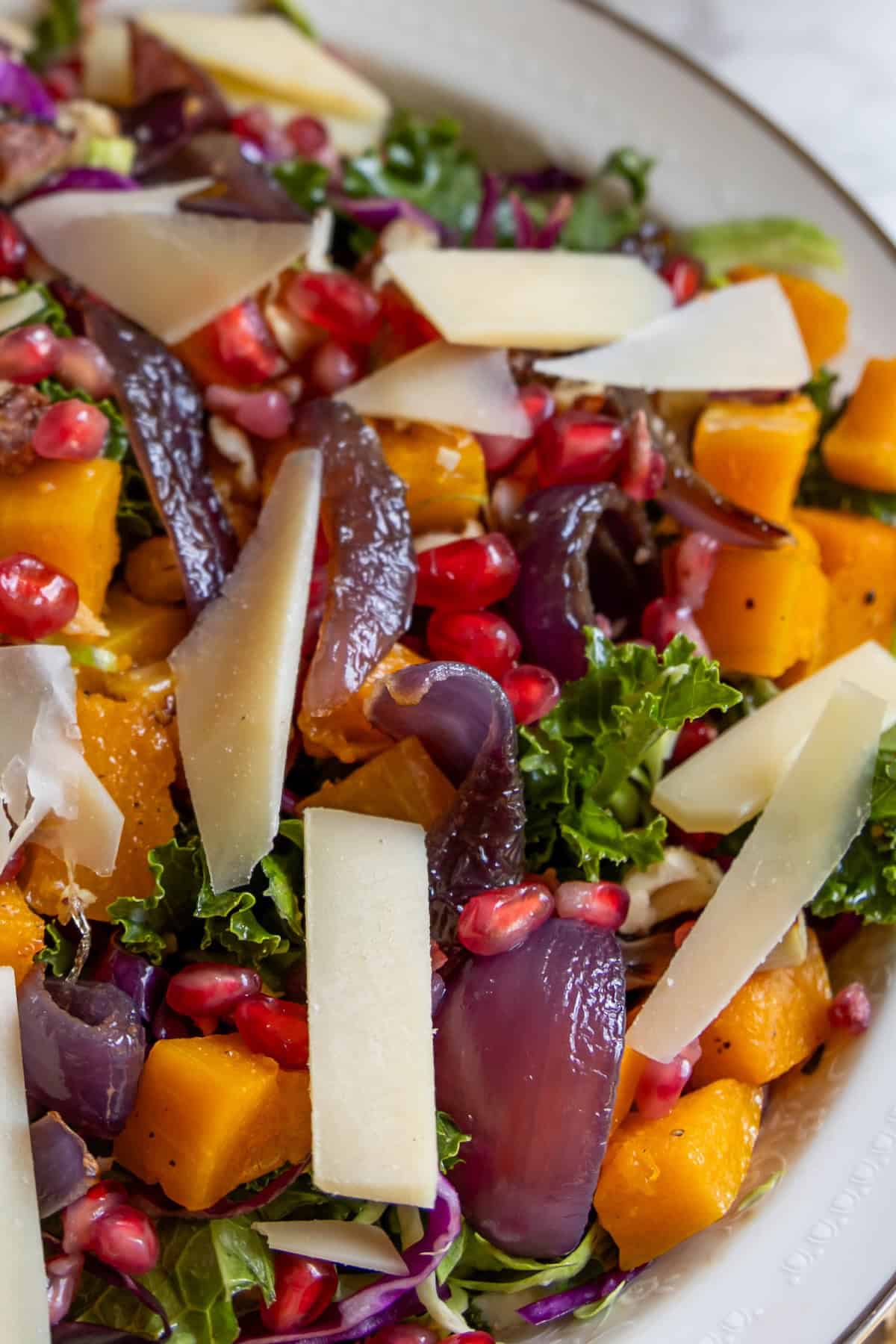 A close-up of a vibrant winter salad featuring kale, roasted butternut squash, red onions, pomegranate seeds, and shaved parmesan cheese.
