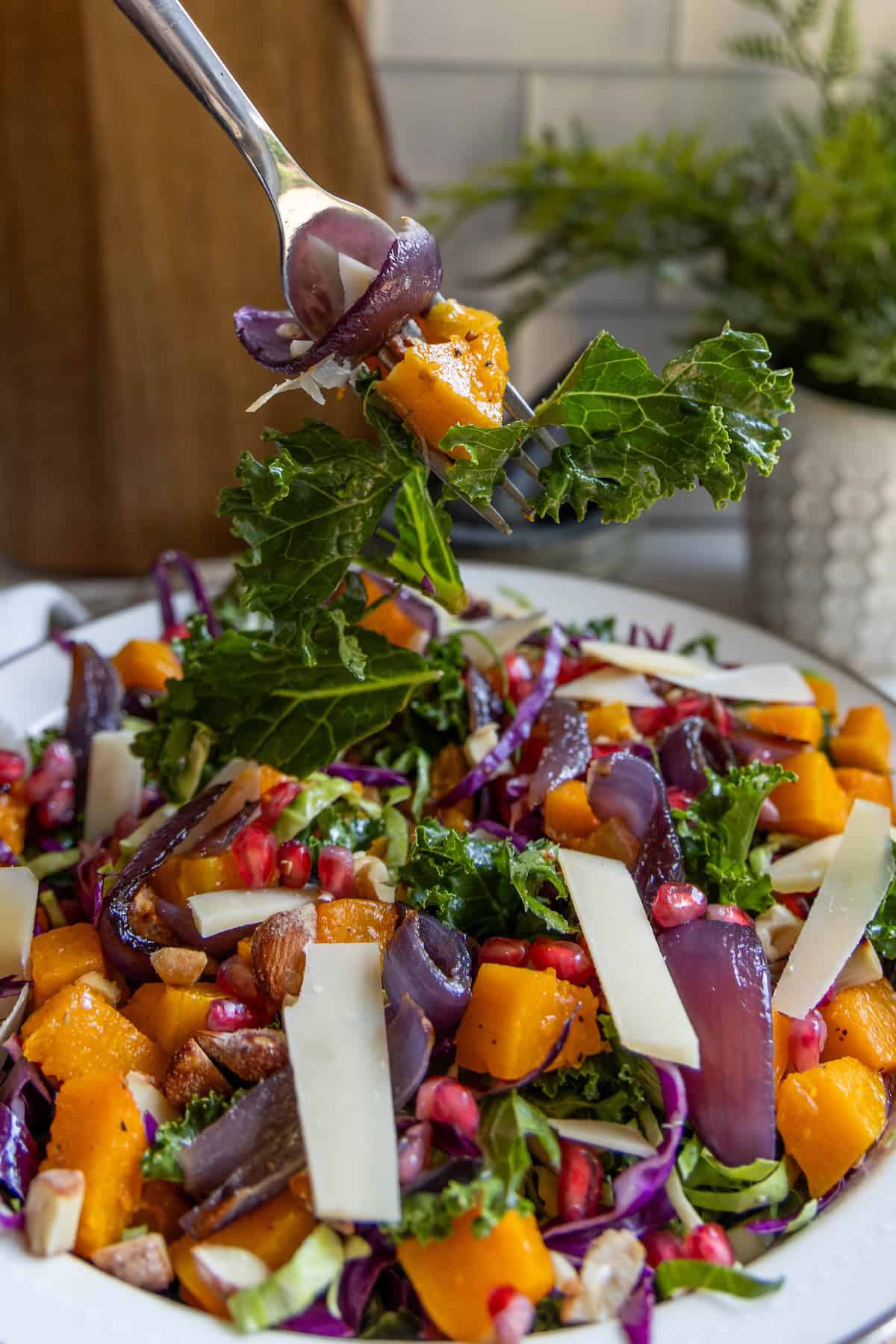 A fork holds up kale, roasted butternut squash, and red onion over a vibrant winter salad with shaved cheese, pomegranate seeds, and mixed greens on a white plate.