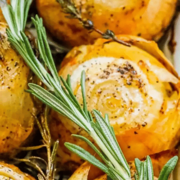 Close-up of easy roasted onions topped with cracked black pepper and garnished with fresh rosemary sprigs.
