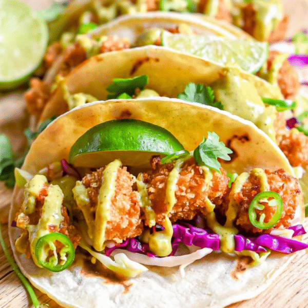 Three easy fried chicken tacos filled with crispy fried toppings, shredded cabbage, sliced jalapeรฑos, cilantro, and drizzled sauce, garnished with lime wedges.