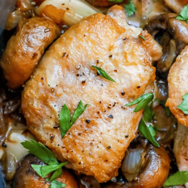 Close-up of a cooked, seasoned chicken thigh garnished with parsley, surrounded by browned mushrooms and onions in a savory garlic butter sauce—perfect for keto chicken thighs and mushrooms lovers.